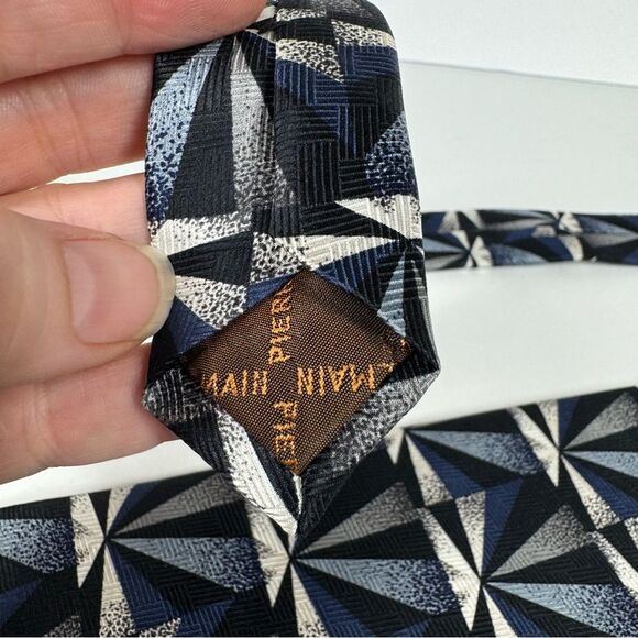 Pierre Balmain Silk Tie Black Blue Geometrical Pattern One Size - Picture 6 of 6